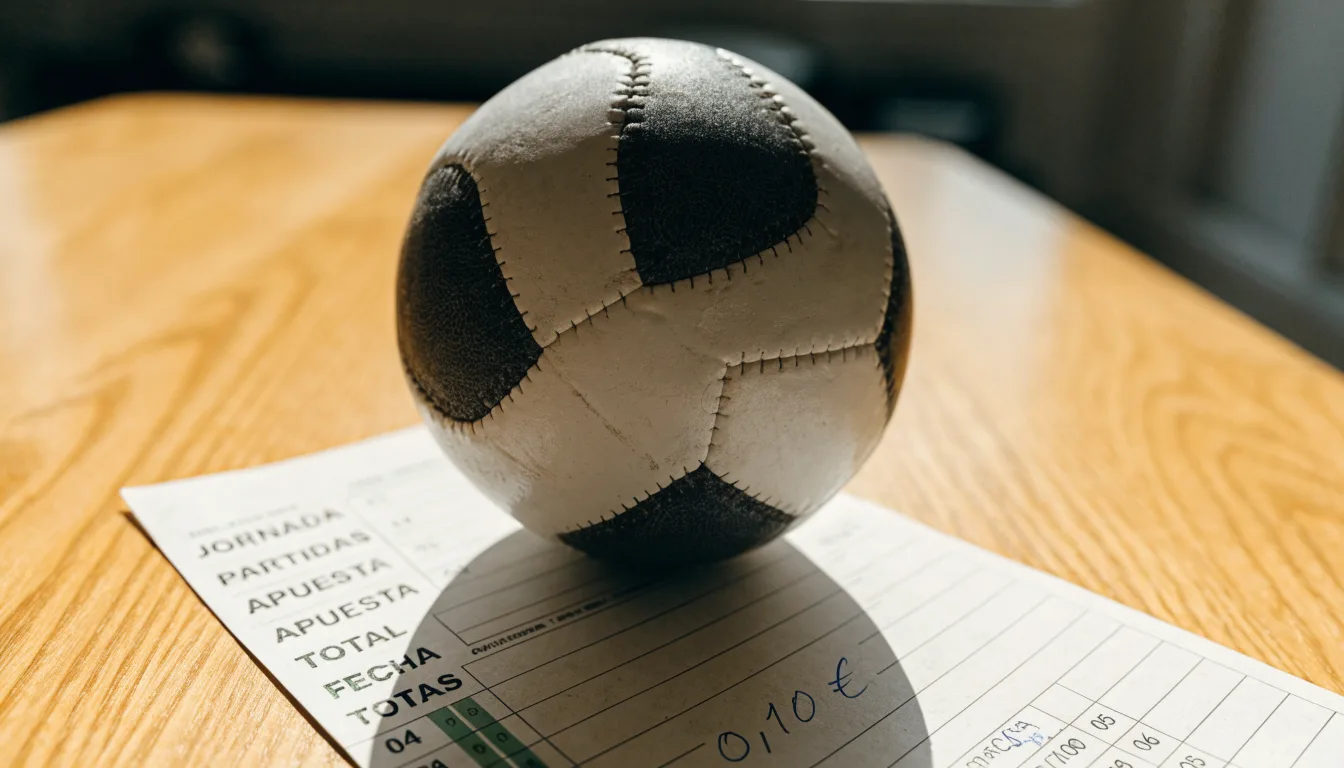 Uma bola de futebol pousada sobre um talão de apostas em branco numa mesa de madeira, à luz do dia