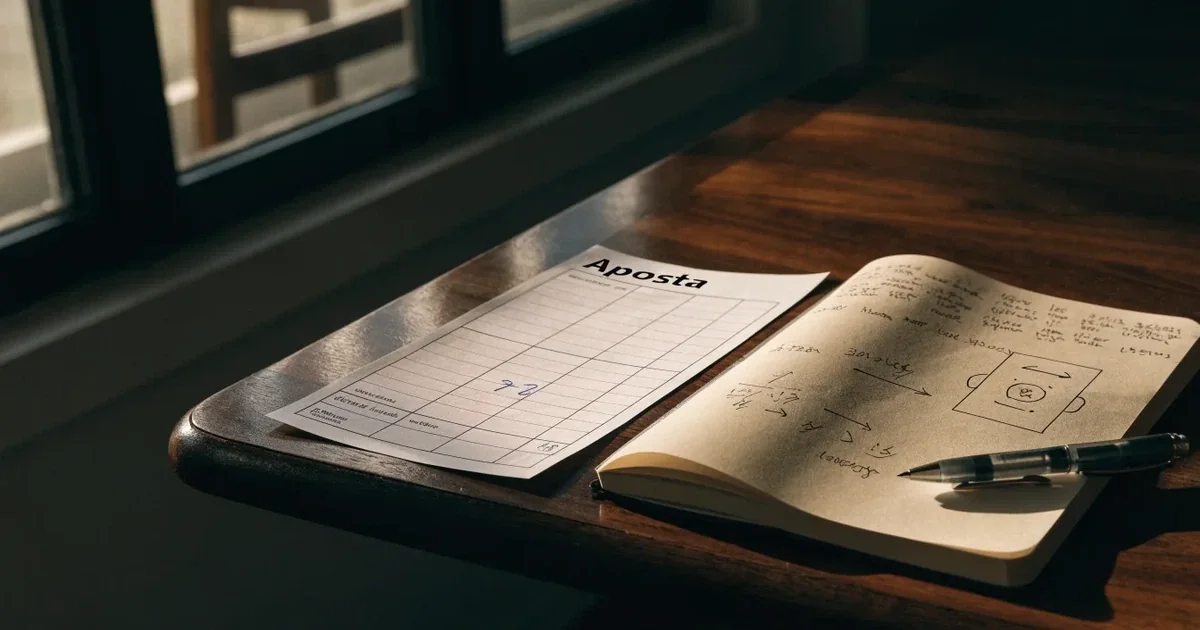 Um talão de apostas em branco ao lado de uma calculadora e de um bloco de notas com um esquema desenhado à mão