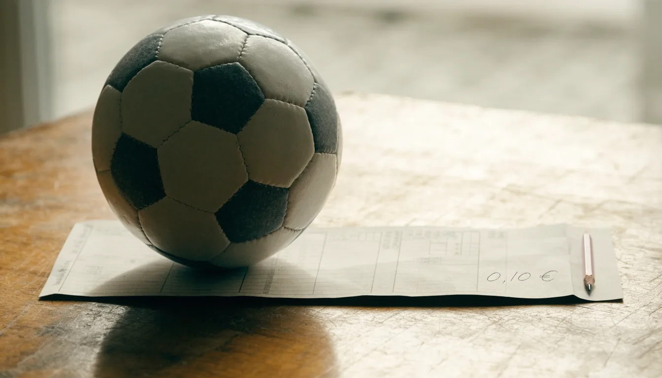 Uma bola de futebol pousada sobre um talão de apostas em branco numa mesa de madeira, à luz do dia