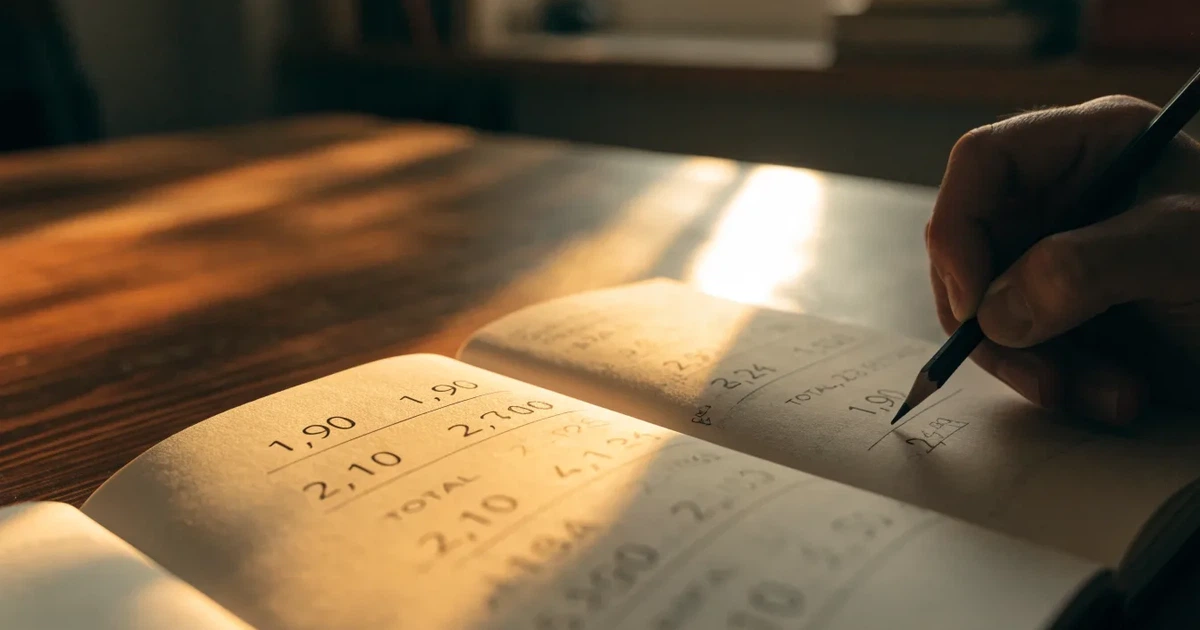 Um caderno aberto com cotas escritas à mão, uma calculadora e um lápis sobre uma mesa de madeira