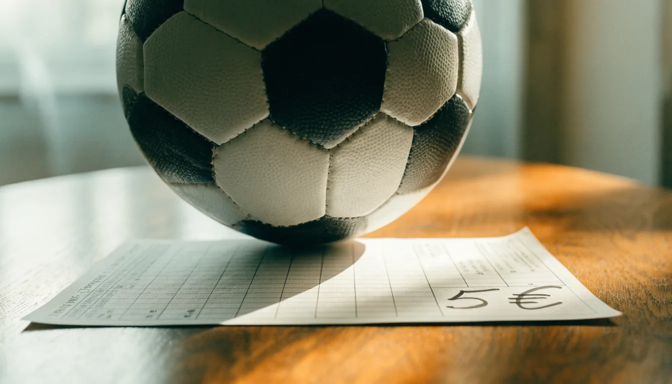 Uma bola de futebol pousada sobre um talão de apostas em branco numa mesa de madeira, à luz do dia