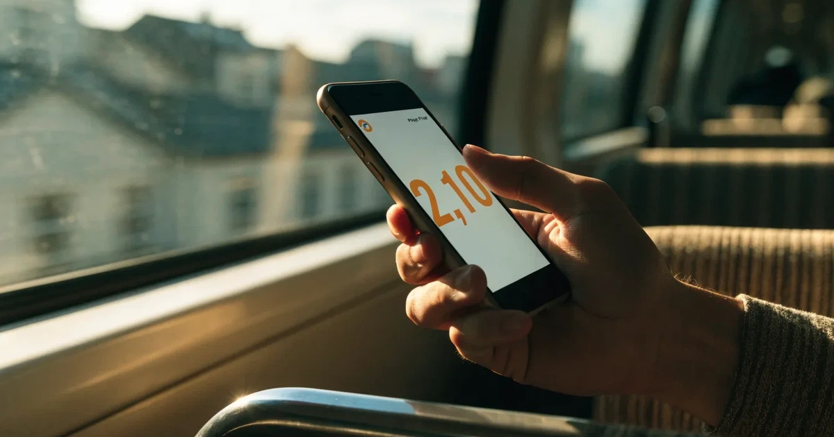 Uma mão a segurar um telemóvel com uma aposta no ecrã, num comboio ao fim da tarde