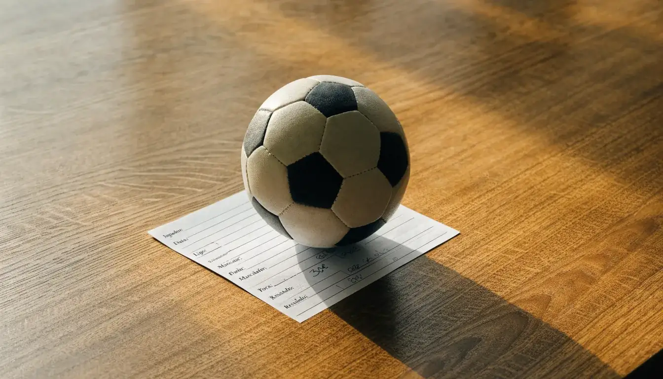 Uma bola de futebol pousada sobre um talão de apostas em branco numa mesa de madeira, à luz do dia