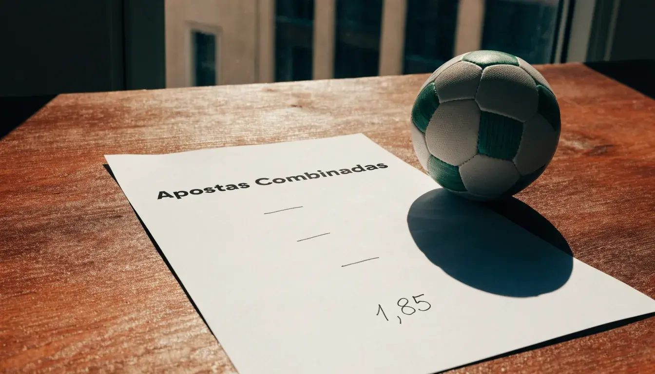 Uma bola de futebol pousada sobre um talão de apostas em branco numa mesa de madeira, à luz do dia