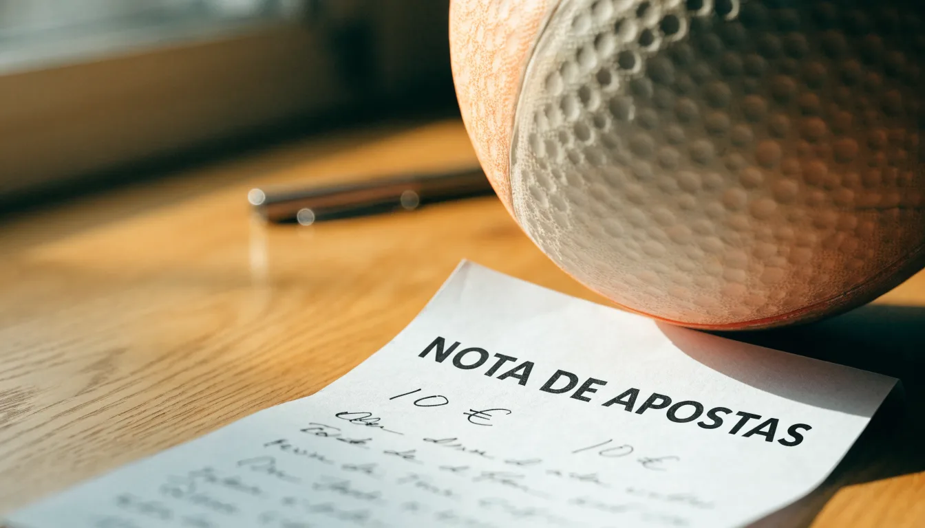 Uma bola de futebol pousada sobre um talão de apostas em branco numa mesa de madeira, à luz do dia
