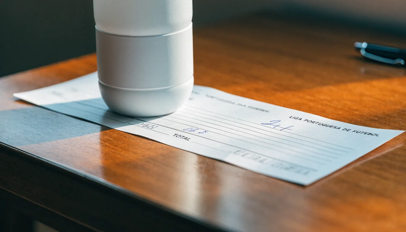 Uma bola de futebol pousada sobre um talão de apostas em branco numa mesa de madeira, à luz do dia