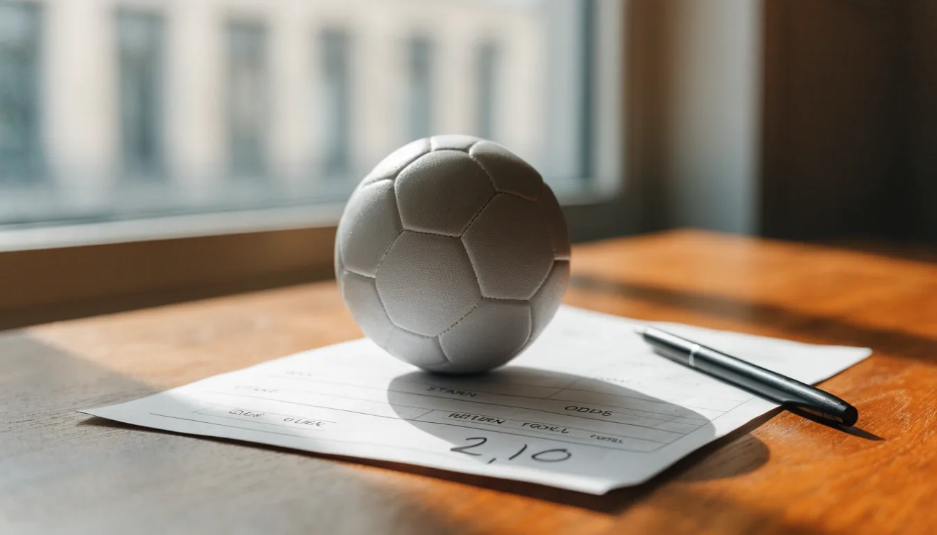 Uma bola de futebol pousada sobre um talão de apostas em branco numa mesa de madeira, à luz do dia