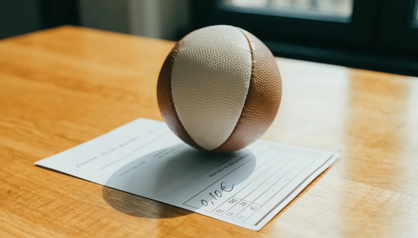 Uma bola de futebol pousada sobre um talão de apostas em branco numa mesa de madeira, à luz do dia