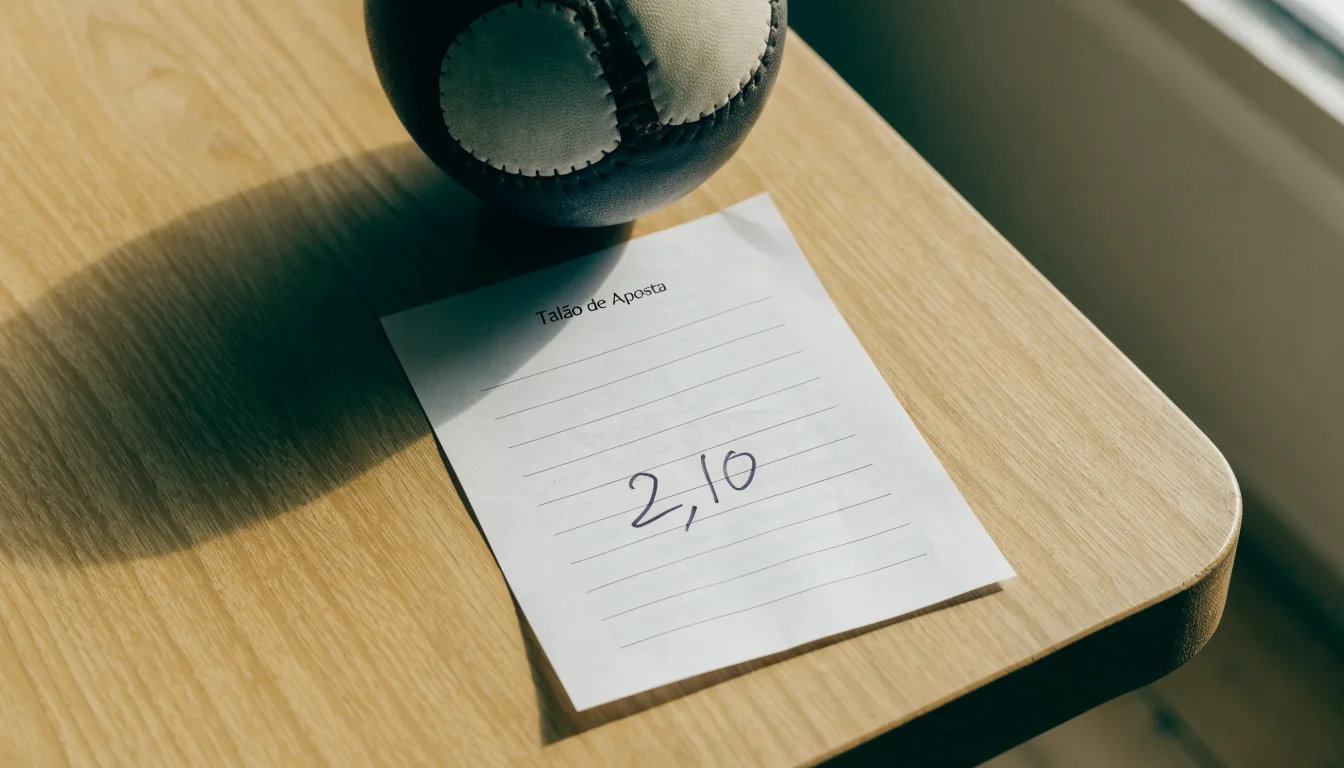 Uma bola de futebol pousada sobre um talão de apostas em branco numa mesa de madeira, à luz do dia