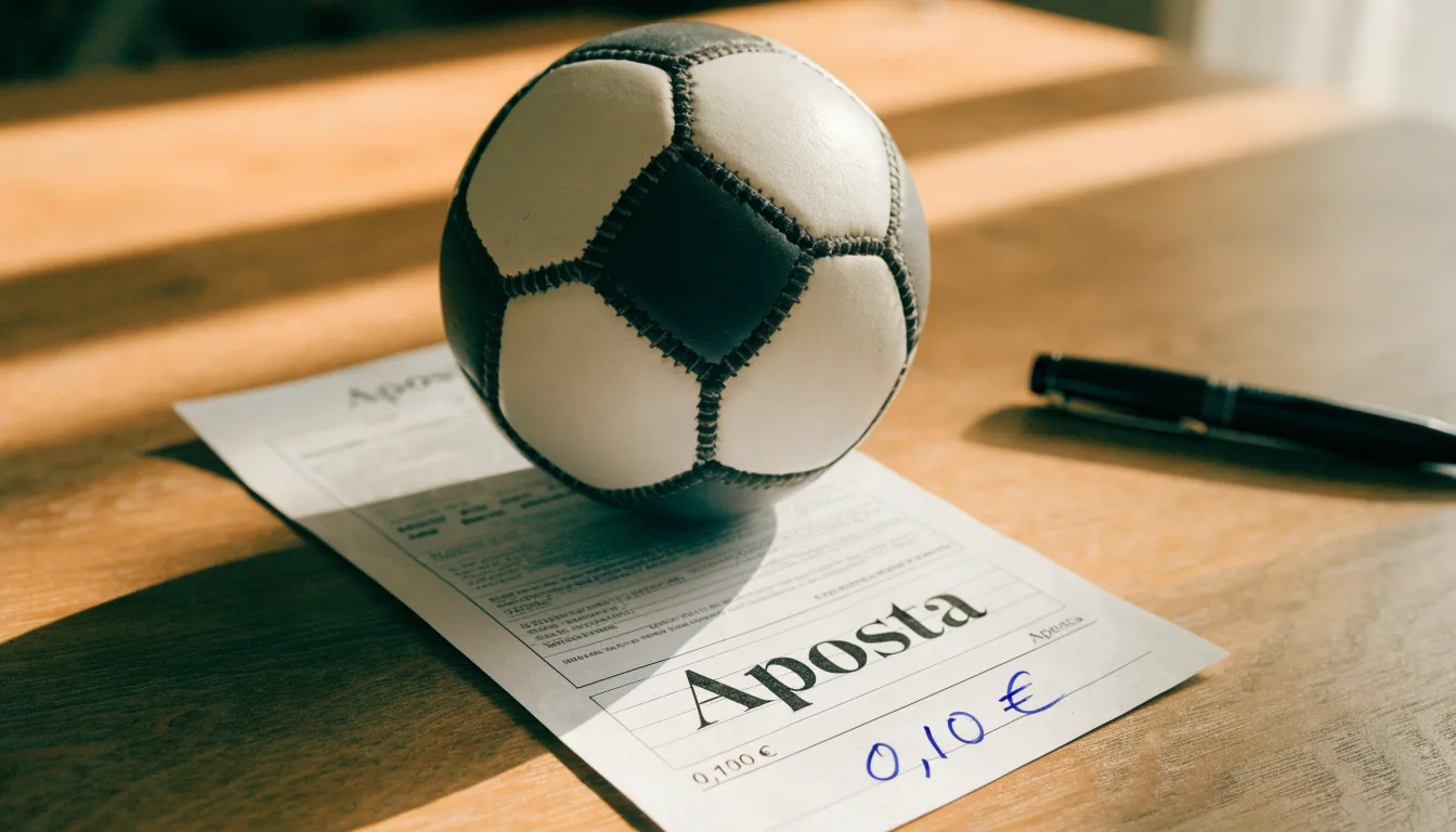 Uma bola de futebol pousada sobre um talão de apostas em branco numa mesa de madeira, à luz do dia