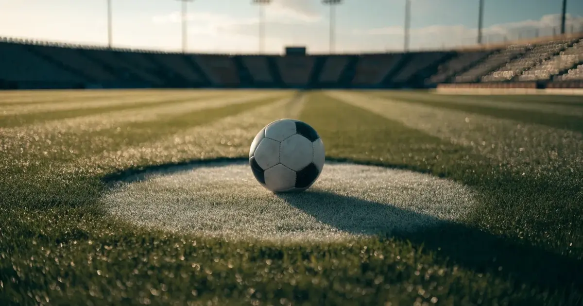 Uma bola de futebol no ponto central de um relvado, à luz da manhã