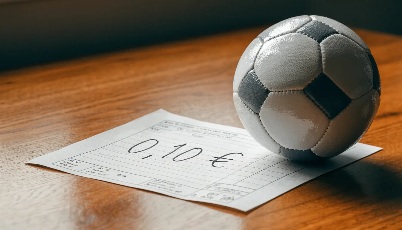 Uma bola de futebol pousada sobre um talão de apostas em branco numa mesa de madeira, à luz do dia