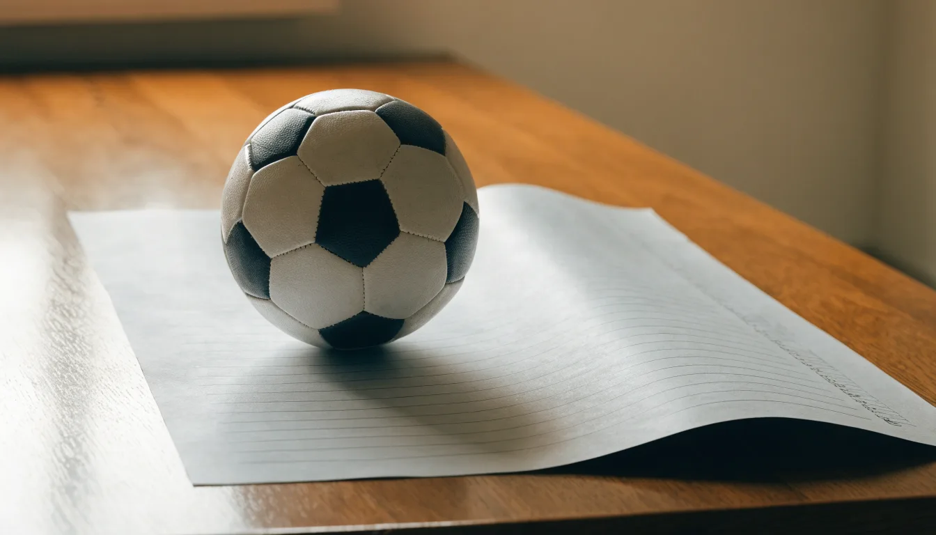 Uma bola de futebol pousada sobre um talão de apostas em branco numa mesa de madeira, à luz do dia