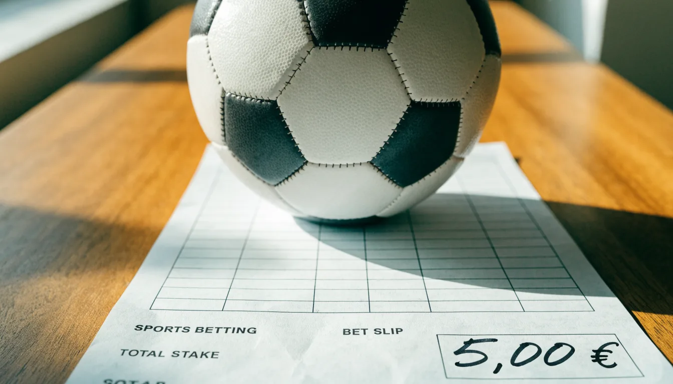 Uma bola de futebol pousada sobre um talão de apostas em branco numa mesa de madeira, à luz do dia