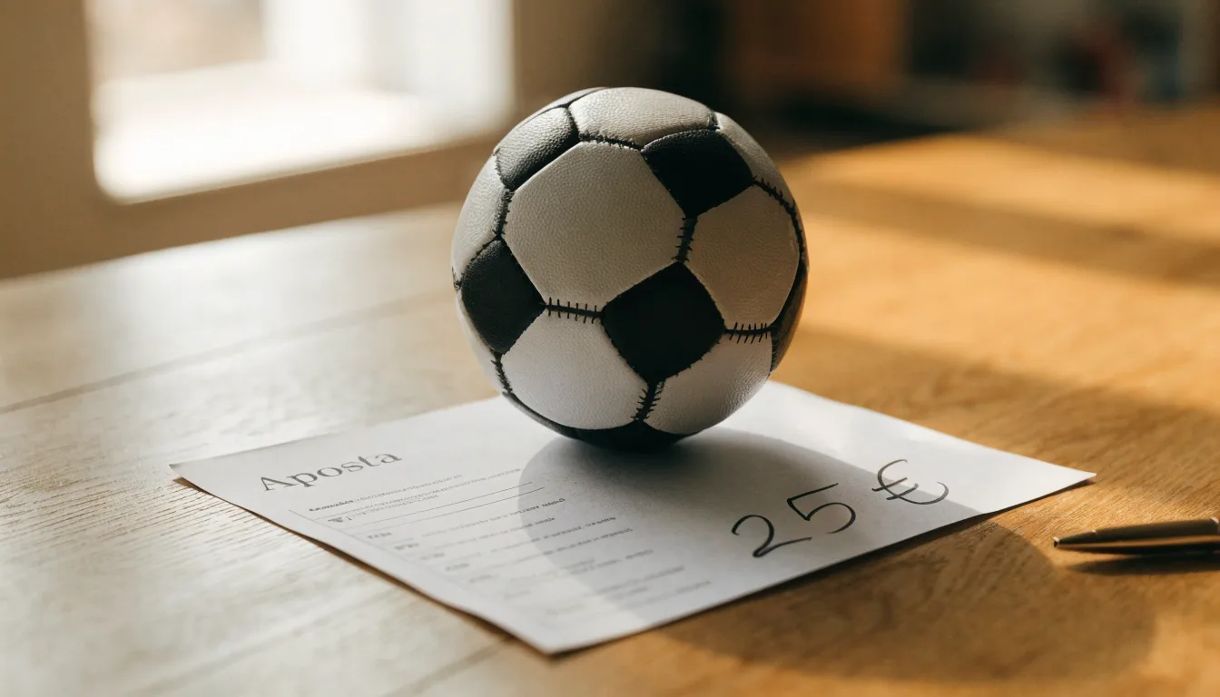 Uma bola de futebol pousada sobre um talão de apostas em branco numa mesa de madeira, à luz do dia