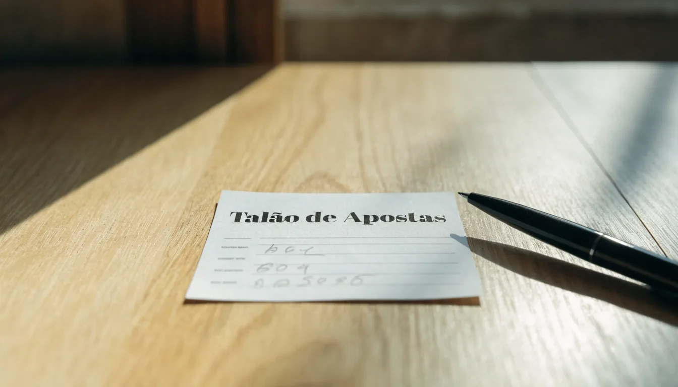 Uma bola de futebol pousada sobre um talão de apostas em branco numa mesa de madeira, à luz do dia