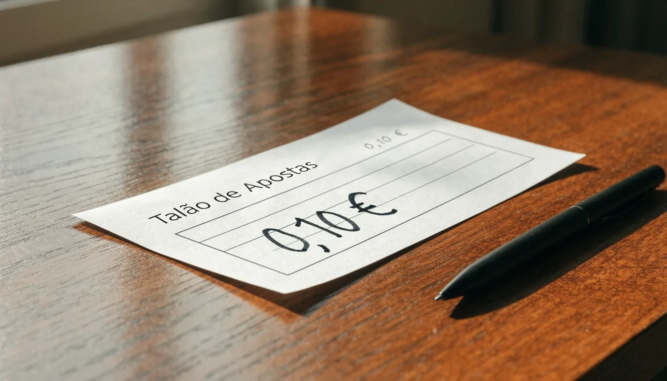 Uma bola de futebol pousada sobre um talão de apostas em branco numa mesa de madeira, à luz do dia