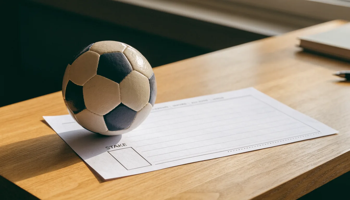 Uma bola de futebol pousada sobre um talão de apostas em branco numa mesa de madeira, à luz do dia