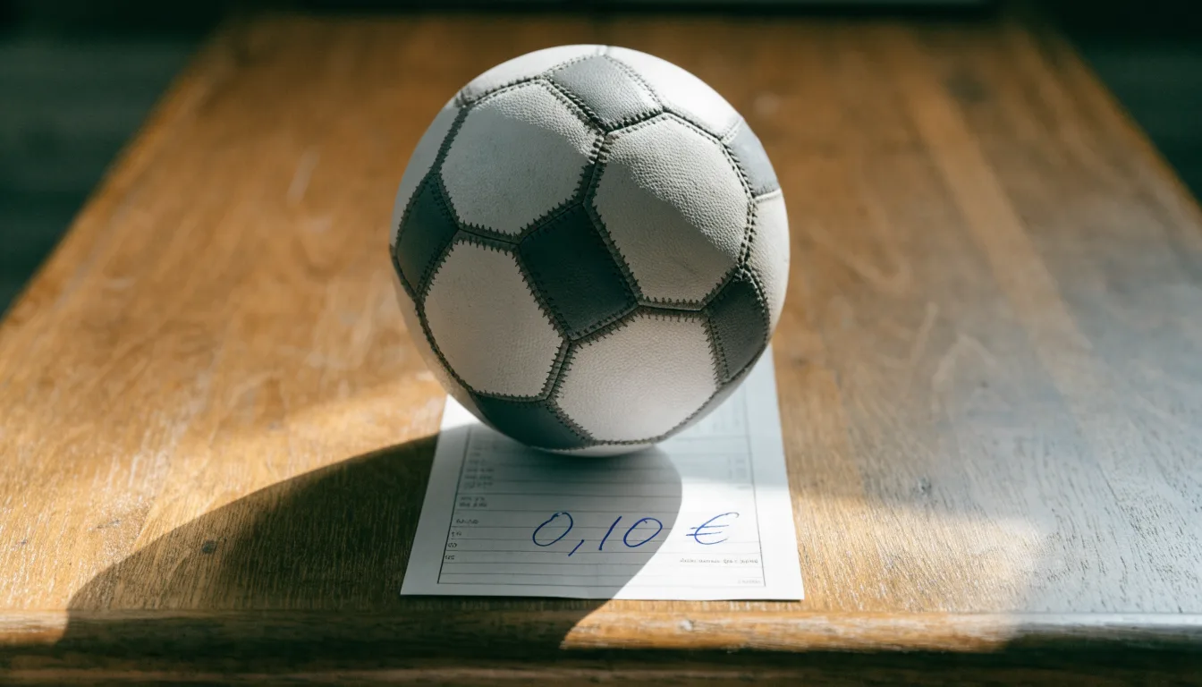Uma bola de futebol pousada sobre um talão de apostas em branco numa mesa de madeira, à luz do dia