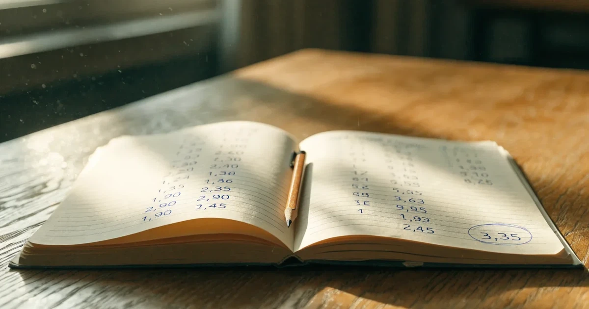 Um caderno aberto com cotas escritas à mão, uma calculadora e um lápis sobre uma mesa de madeira