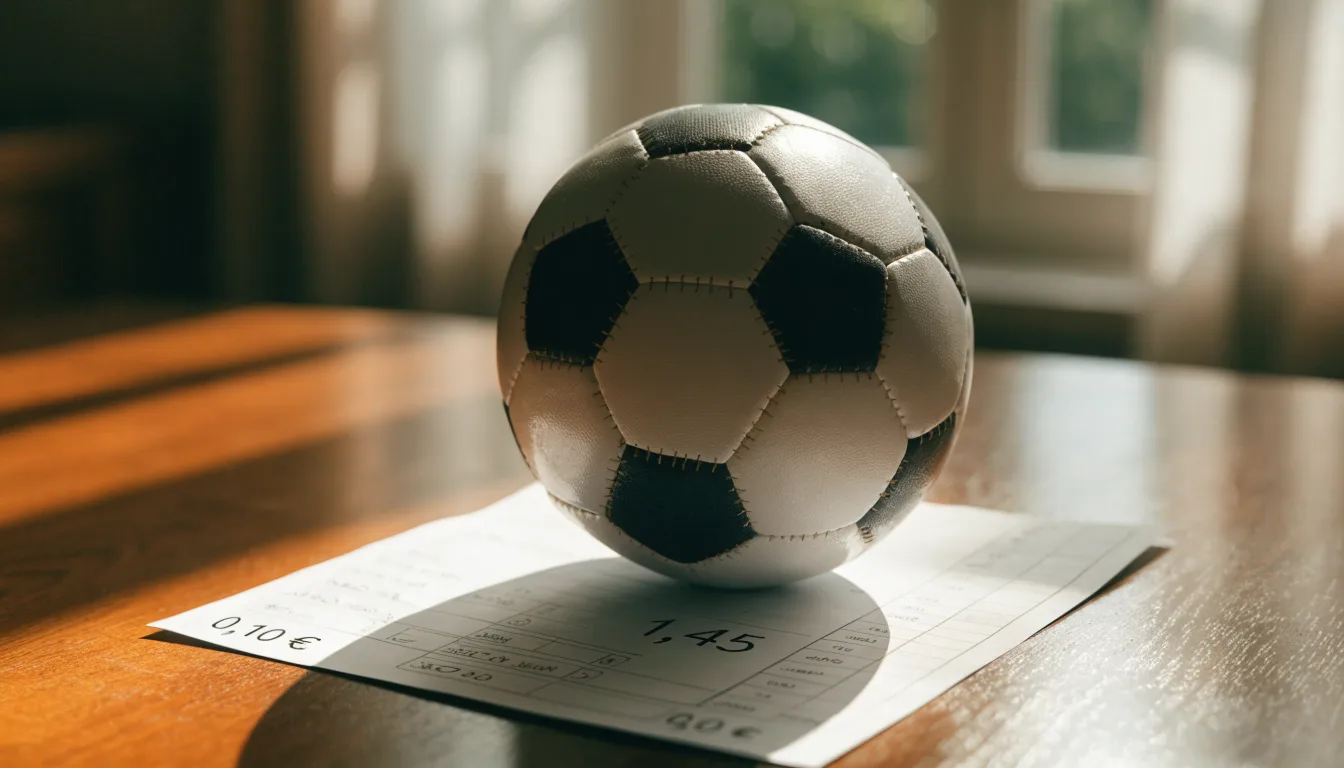 Uma bola de futebol pousada sobre um talão de apostas em branco numa mesa de madeira, à luz do dia
