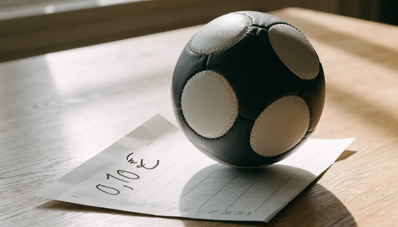 Uma bola de futebol pousada sobre um talão de apostas em branco numa mesa de madeira, à luz do dia