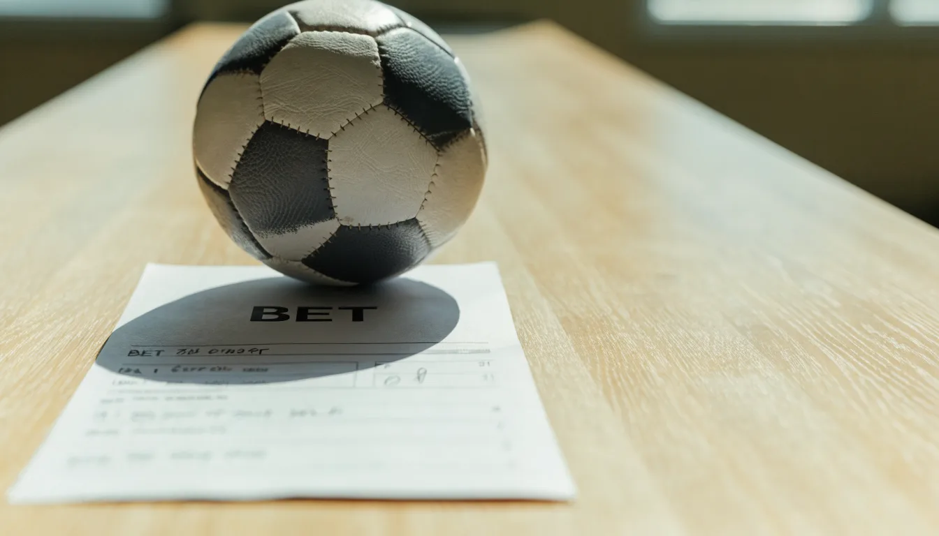 Uma bola de futebol pousada sobre um talão de apostas em branco numa mesa de madeira, à luz do dia