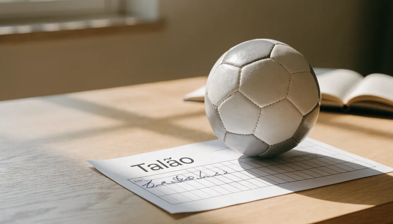 Uma bola de futebol pousada sobre um talão de apostas em branco numa mesa de madeira, à luz do dia