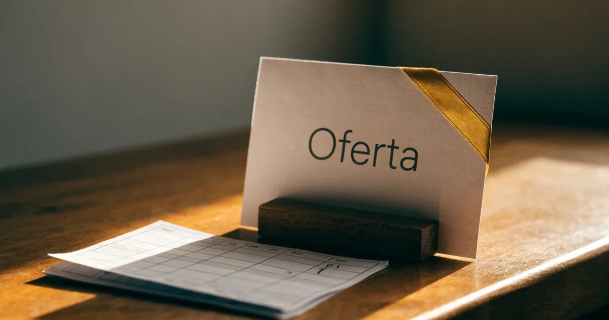 Um cartão de oferta com uma fita dourada ao lado de um talão de apostas numa bancada de madeira