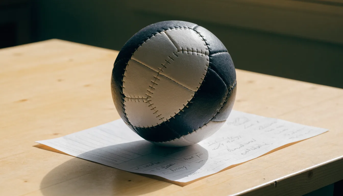 Uma bola de futebol pousada sobre um talão de apostas em branco numa mesa de madeira, à luz do dia