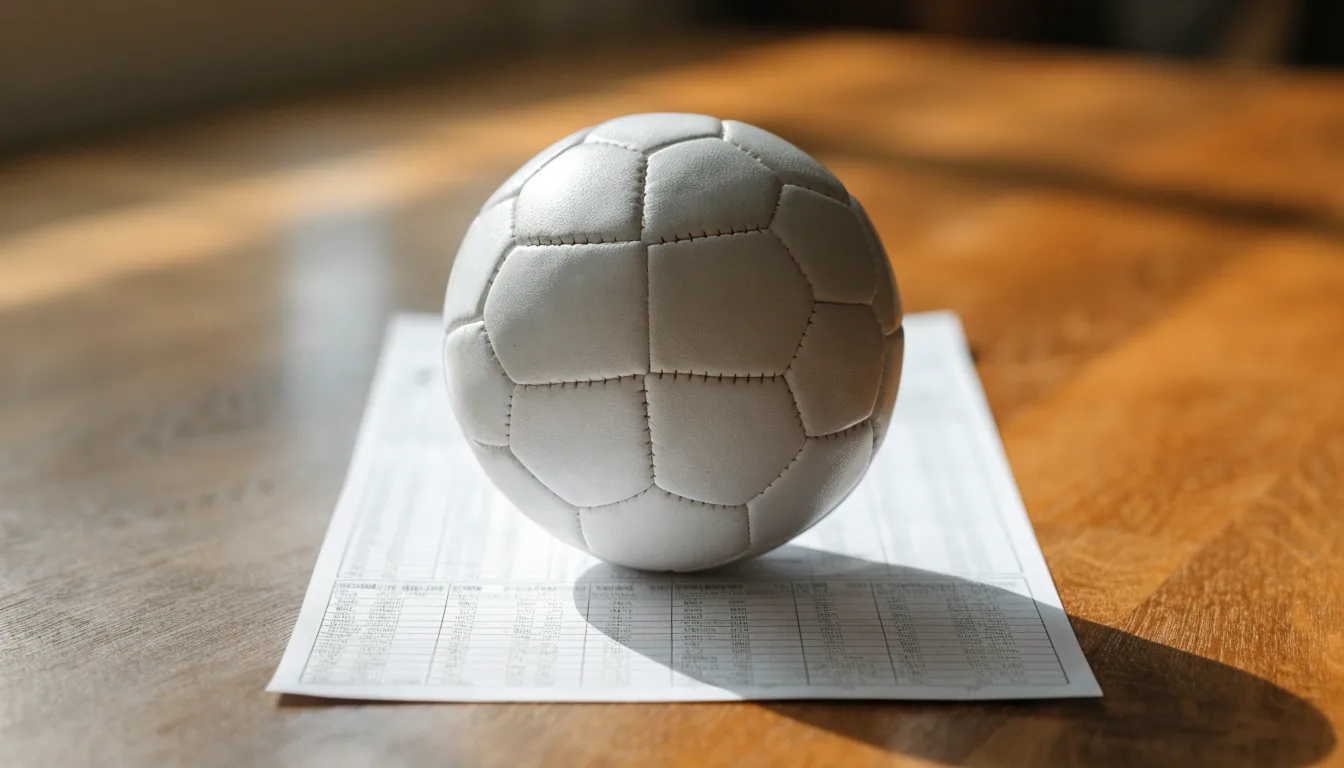 Uma bola de futebol pousada sobre um talão de apostas em branco numa mesa de madeira, à luz do dia