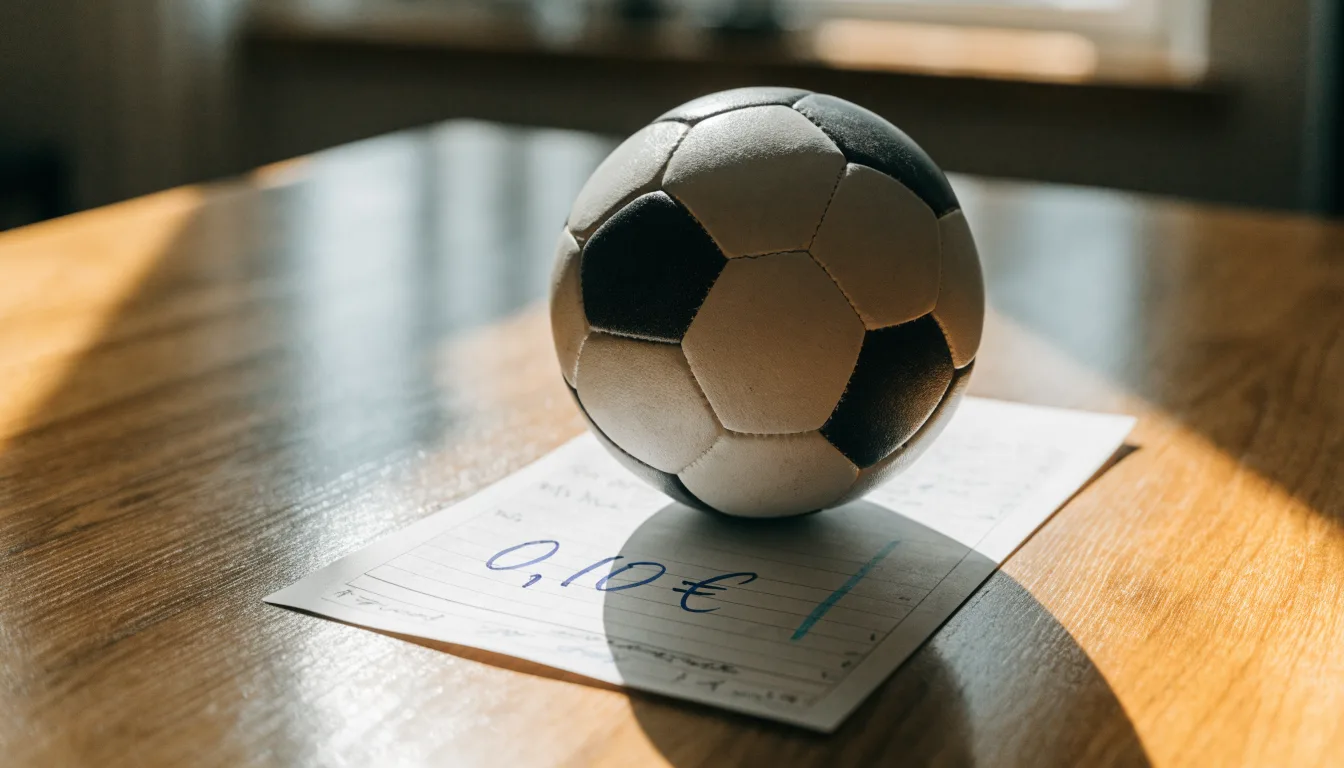 Uma bola de futebol pousada sobre um talão de apostas em branco numa mesa de madeira, à luz do dia