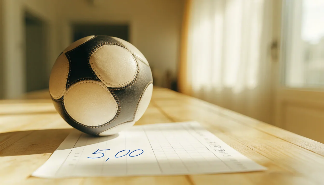 Uma bola de futebol pousada sobre um talão de apostas em branco numa mesa de madeira, à luz do dia