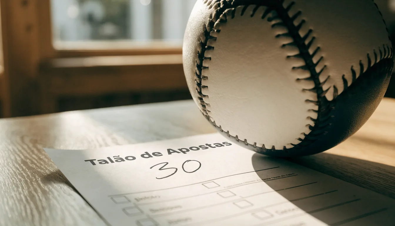 Uma bola de futebol pousada sobre um talão de apostas em branco numa mesa de madeira, à luz do dia