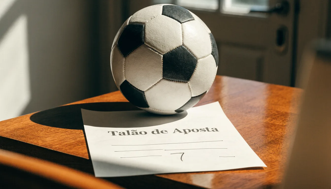 Uma bola de futebol pousada sobre um talão de apostas em branco numa mesa de madeira, à luz do dia