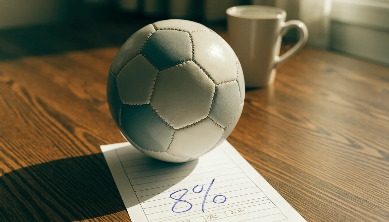 Uma bola de futebol pousada sobre um talão de apostas em branco numa mesa de madeira, à luz do dia