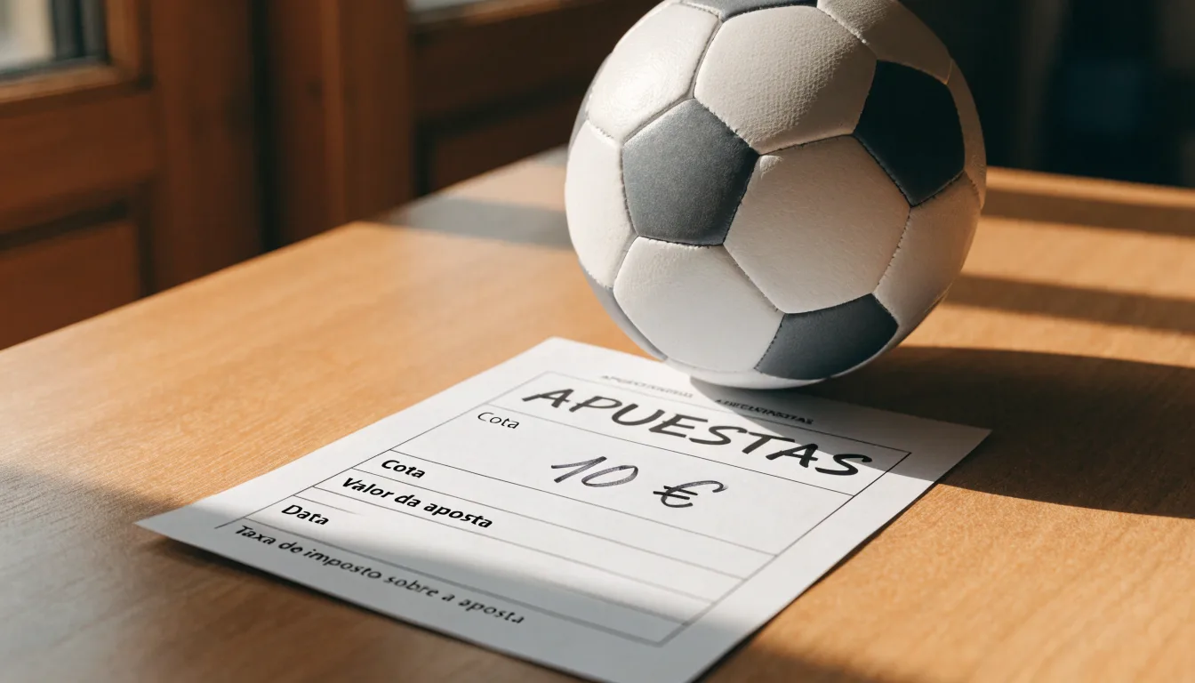Uma bola de futebol pousada sobre um talão de apostas em branco numa mesa de madeira, à luz do dia