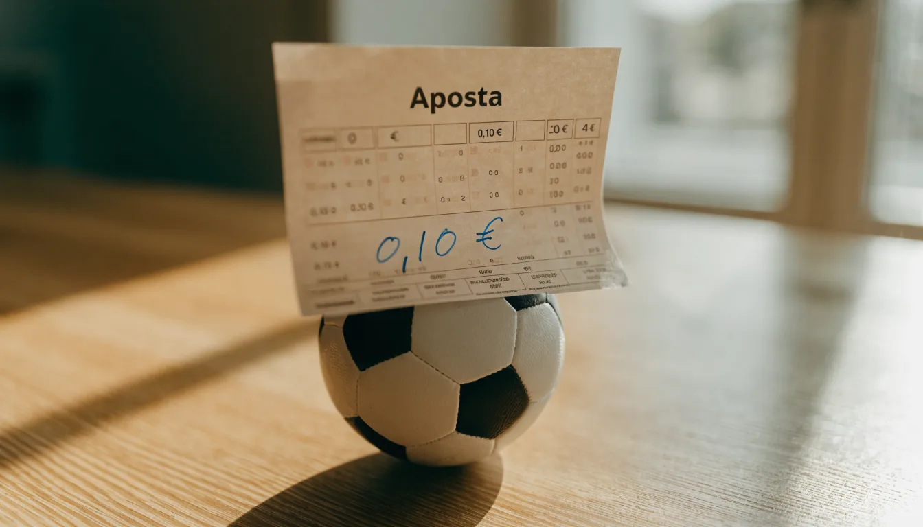 Uma bola de futebol pousada sobre um talão de apostas em branco numa mesa de madeira, à luz do dia