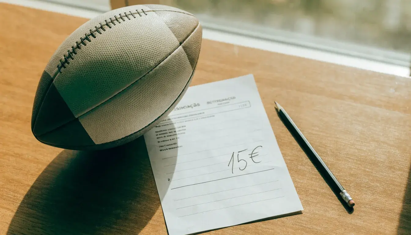 Uma bola de futebol pousada sobre um talão de apostas em branco numa mesa de madeira, à luz do dia